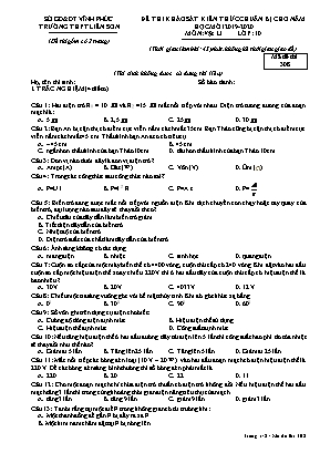 Đề thi khảo sát kiến thức chuẩn bị cho năm học mới môn Vật lý Lớp 10 - Mã đề 308 - Năm học 2019-2020 - Trường THPT Liễn Sơn